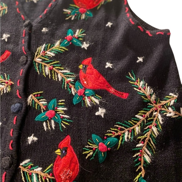 VTG Bobbie Brooks Cardigan Sweater Vest Christmas Cardinal Evergreen Size XL - Picture 6 of 11